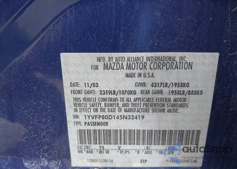 2004 Mazda Mazda6 S z USA, uszkodzony, nr VIN 1YVFP80D145N33419